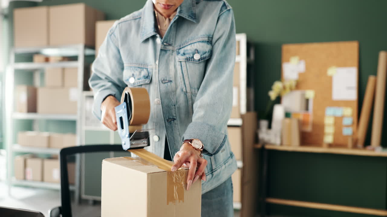Woman sealing a cardboard box with tape