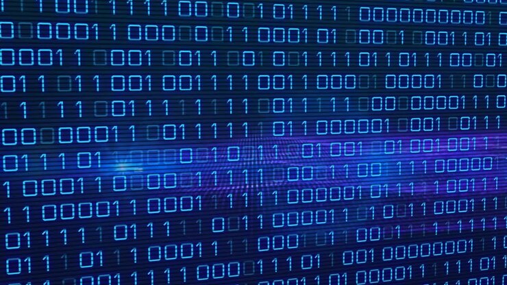Digital animation of binary coding data processing and spot of light against blue background