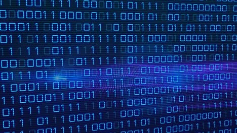 Digital animation of binary coding data processing and spot of light against blue background