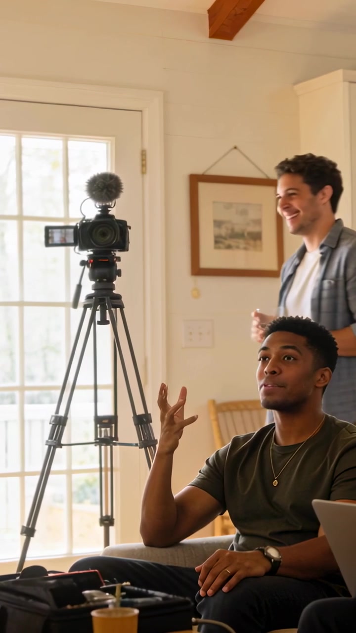 Vertical video: Gesturing woman in striped top starting setup at home, crew adjusting tripod mic