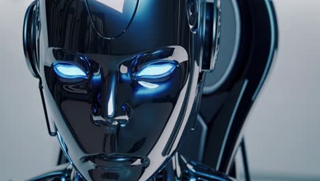 advanced robotic operator featuring glowing blue eyes, providing innovative customer service within high tech call center environment, representing future of digital workforce interaction