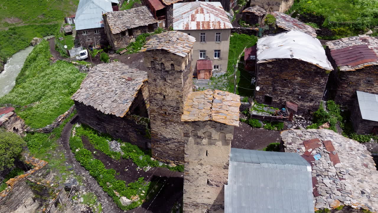 Famous Svaneti Towers Of Ushguli Remote Village In Upper Svaneti, Georgia. Aerial Drone Shot