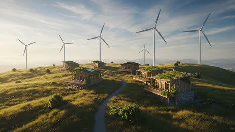 aerial view of innovative eco-friendly homes surrounded by wind turbines in a lush green landscape, showcasing sustainable living and renewable energy solutions