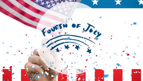 animation of fourth of july text with confetti over american flag