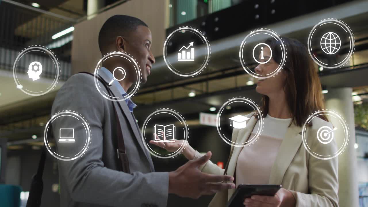 Man walking, pointing at tablet; woman tapping it; team planning business with expanding data icons
