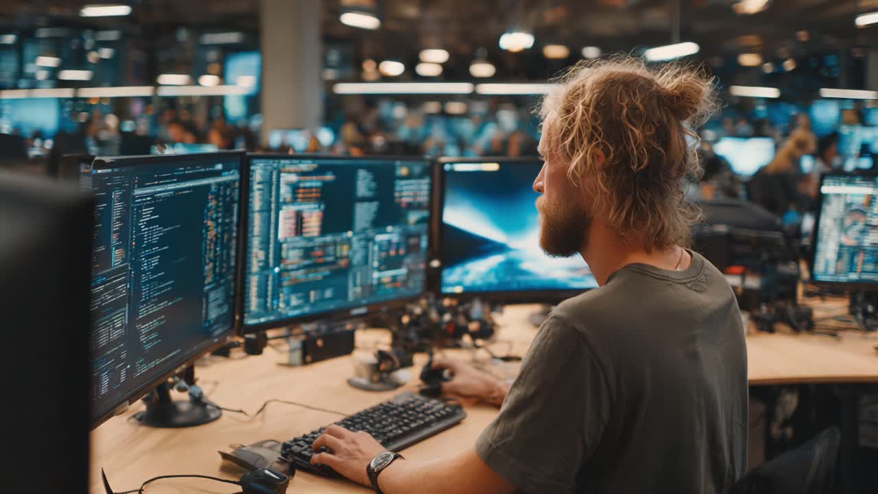 Focused Programmer in a Modern Workspace Analyzing Code on Multiple Monitors, Reflecting the Dynamic and Collaborative Nature of Tech Environments