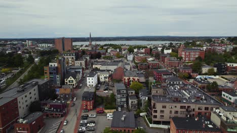 Aerial-view-of-Portland-city-residential-area-rooftops-and-colorful-buildings