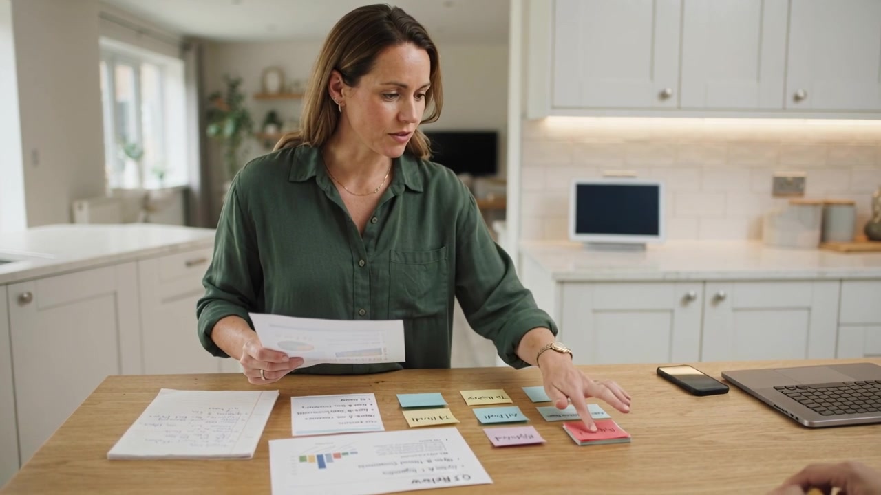 Donna in camicia verde che legge un rapporto, delega e sposta post-it sull'isola della cucina, con laptop e telefono.