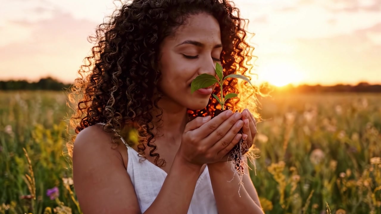 Cura della natura: un momento di connessione con una piantina mentre il sole tramonta su un campo lussureggiante, a simboleggiare crescita e consapevolezza ambientale.