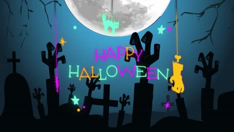 animación de saludos de halloween sobre el cementerio con luna llena y noche en el fondo
