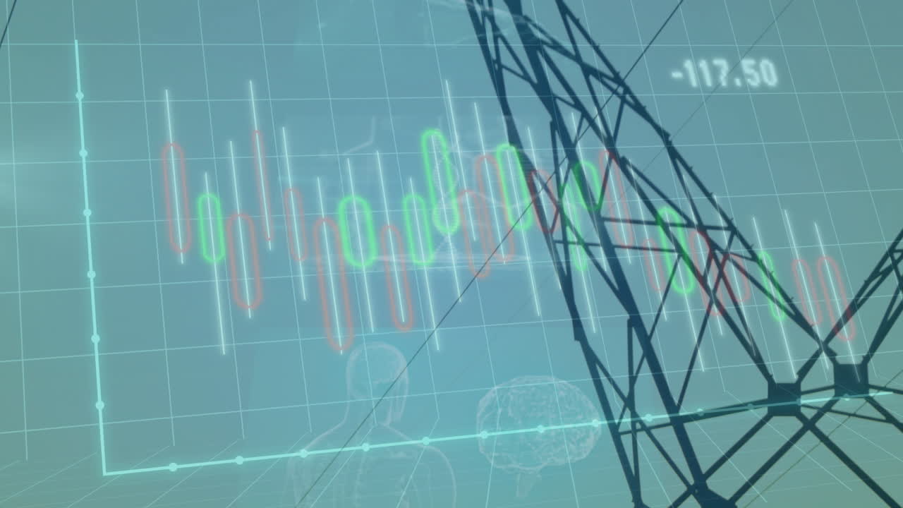 Digital candlestick overlay showing 3D grid, floating red and green bars, holograms, numeric label