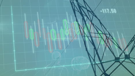 Digital candlestick overlay showing 3D grid, floating red and green bars, holograms, numeric label