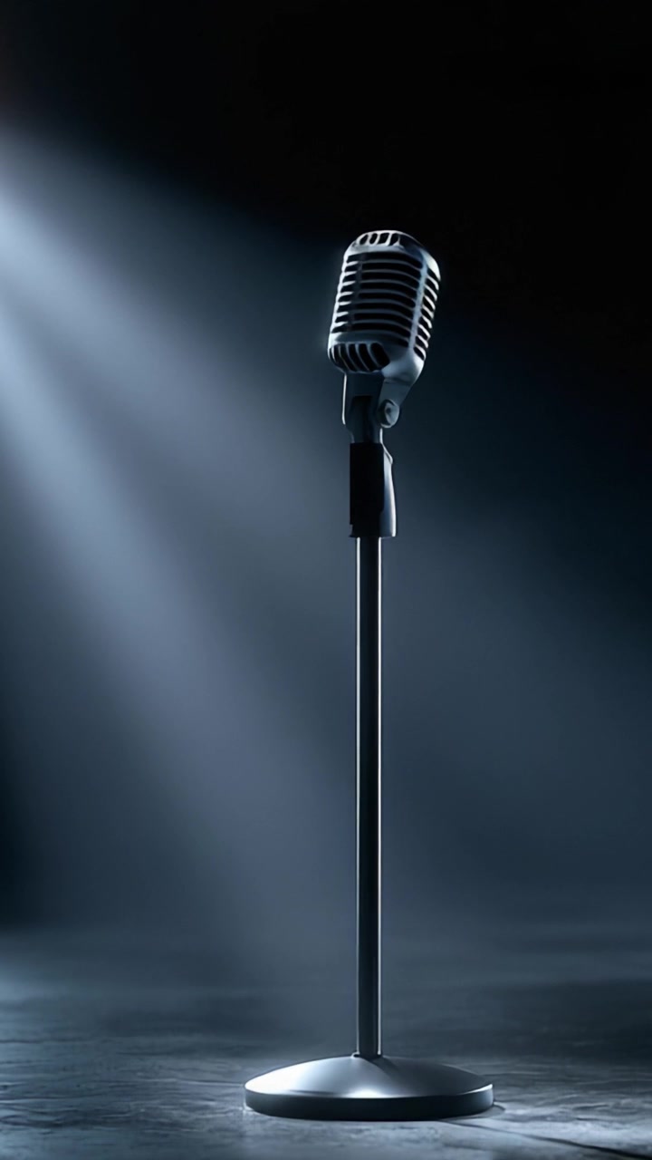 A Spotlight on the Classic Microphone, Evoking a Sense of Anticipation and Performance in a Darkened Space, Perfect for Singers and Speakers Alike