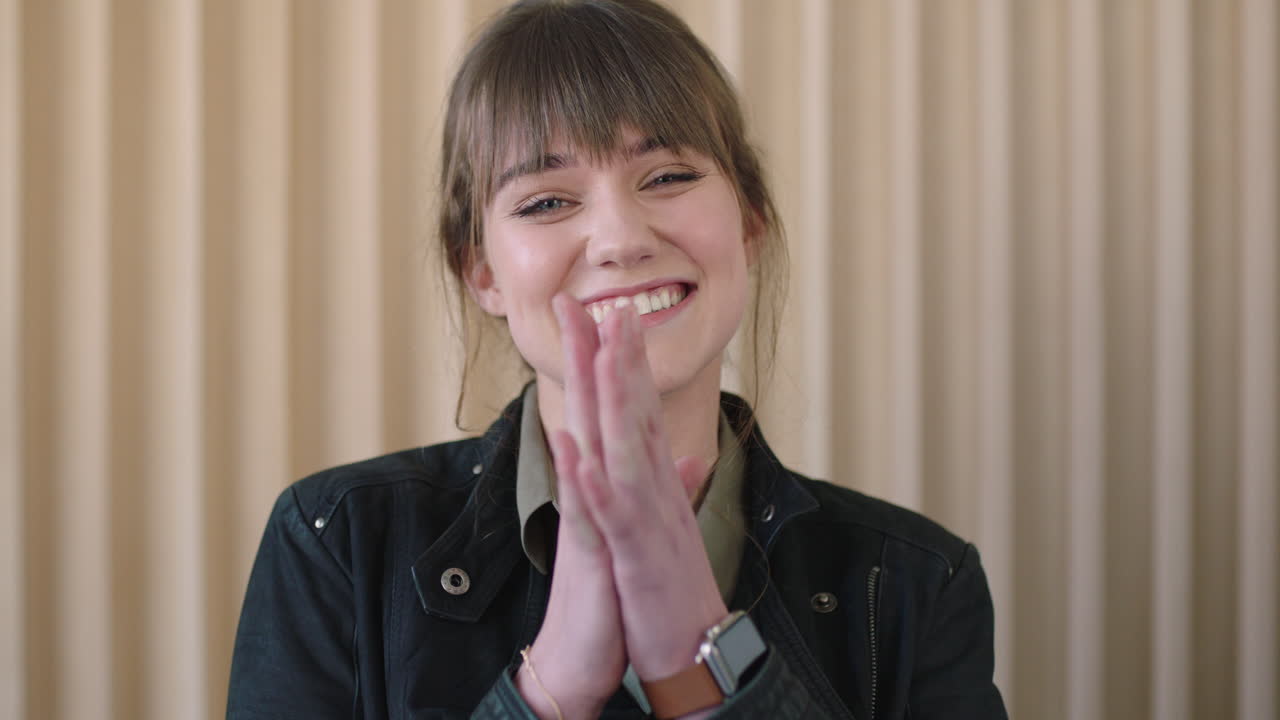 retrato de una joven linda sonriendo alegremente emocionada mirando a la cámara disfrutando de la sorpresa positiva mujer blanca feliz
