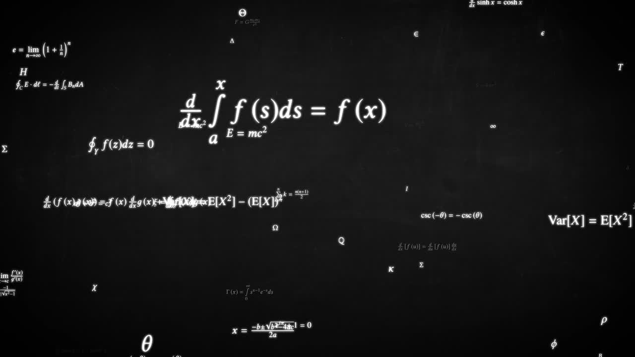 volar a través de fórmulas matemáticas ecuaciones símbolos científicos en la pizarra - 4k movimiento de bucle sin costuras animación de fondo