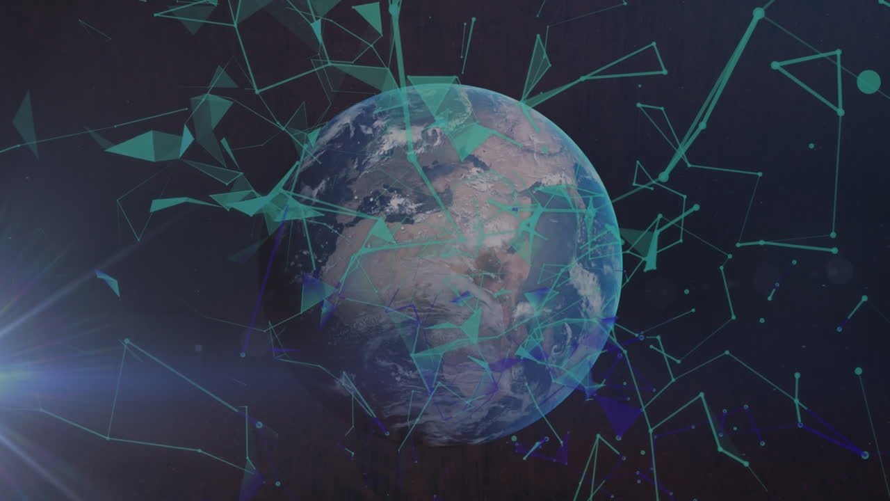 Animation of network of connections with green triangles over globe