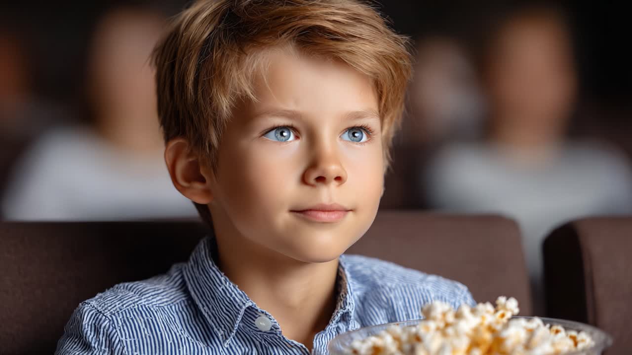A Young Boy Attentively Watching a Movie in a Theater, Holding a Bowl of Popcorn, Capturing the Experience of Enjoying Cinema with Excitement and Anticipation