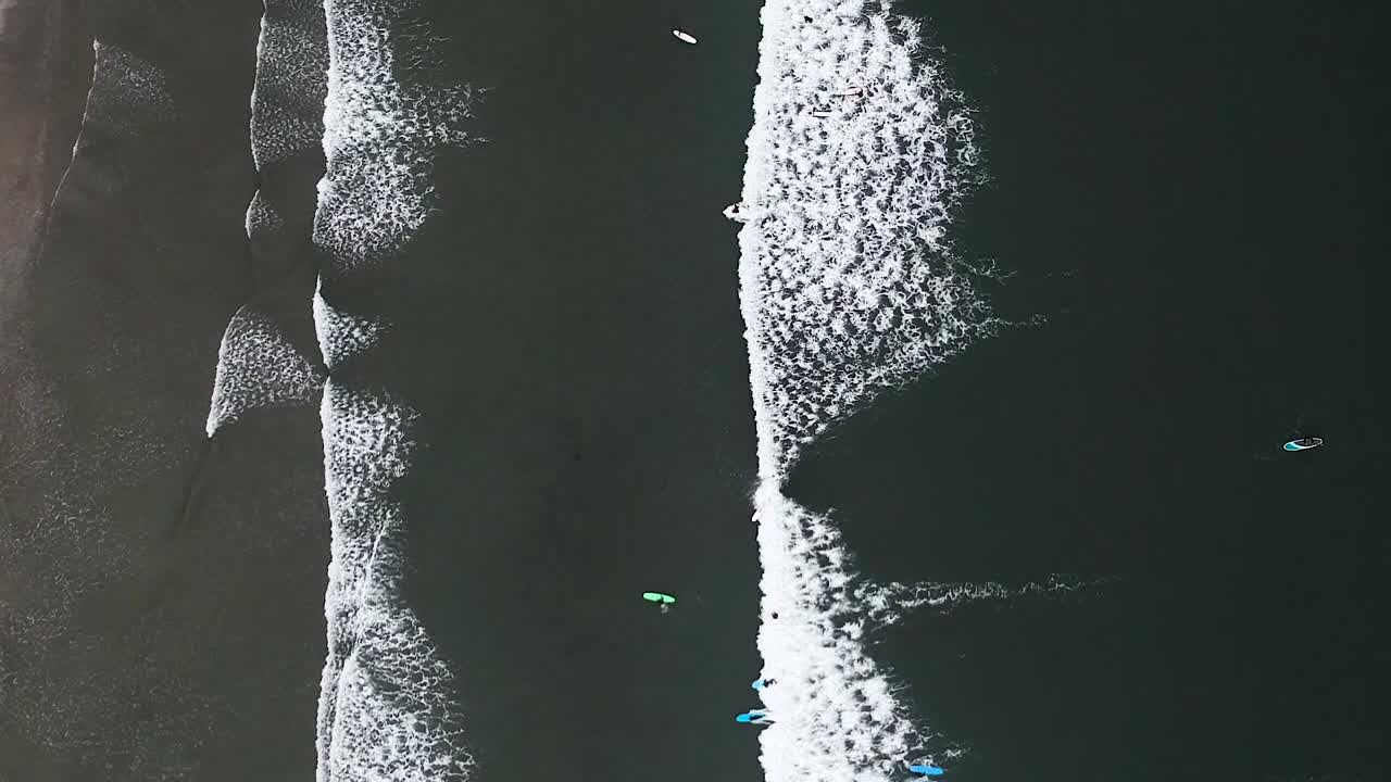 Bird's eye view drone shot of waves crashing onto the beach with many surfers catching waves on Tofino, Vancouver Island, British Columbia