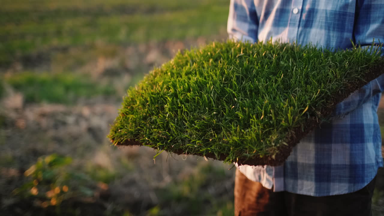 한 남자가 녹색 잔디가 자라는  ⁇ 을 들고 있습니다. 생태학과 자연에 대한 존중 개념. 4k 비디오