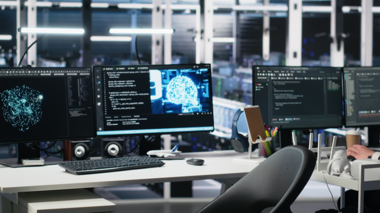 Admin Entering Data Center Office, Reviews Ai Diagnostics On Computer