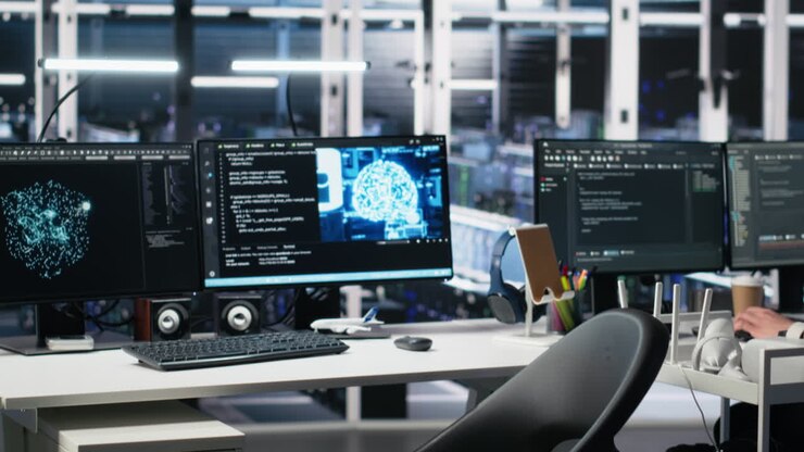 Admin Entering Data Center Office, Reviews Ai Diagnostics On Computer
