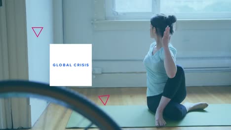 animation of word be patient flashing in a square over caucasian woman stretching during quarantine