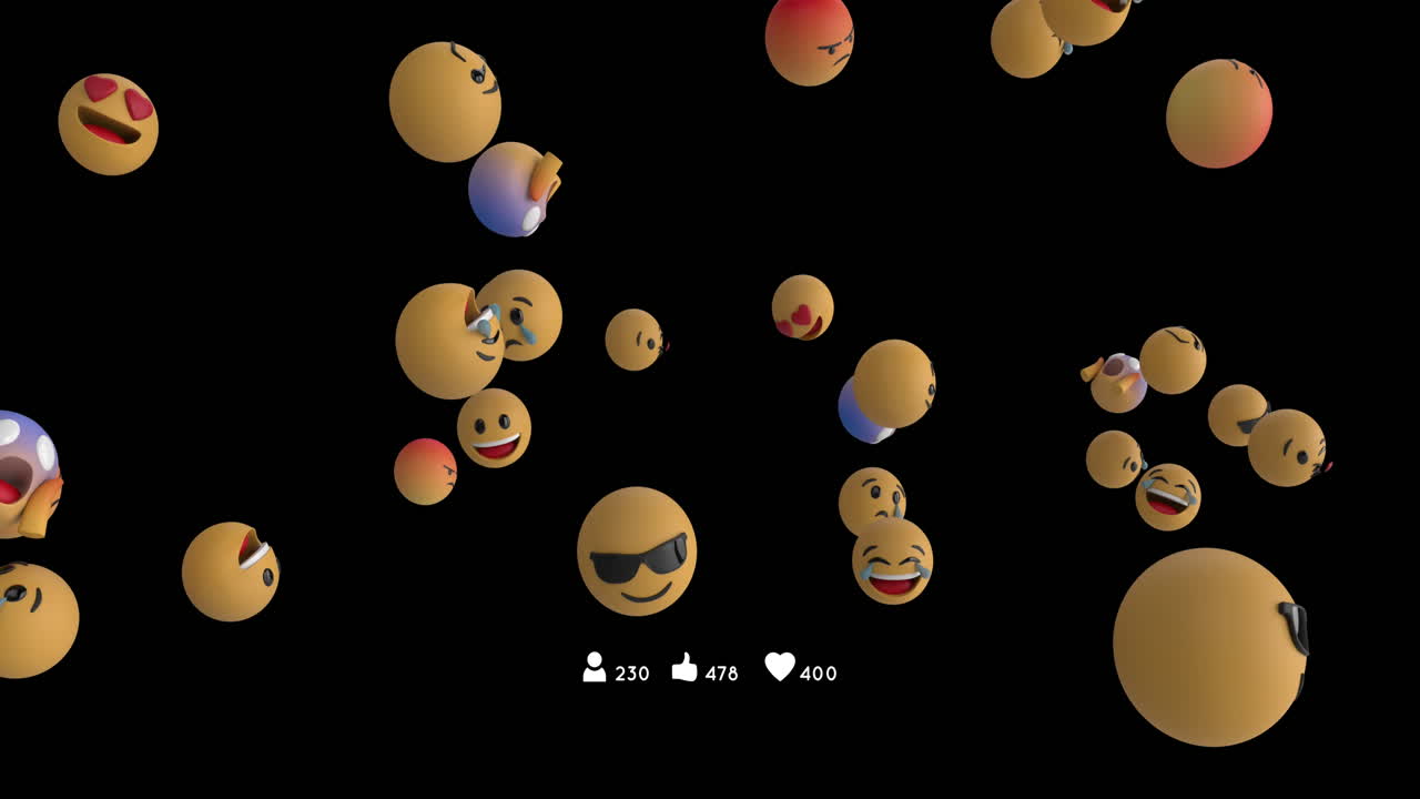 Social media icons with increasing numbers against multiple face emojis floating on black background