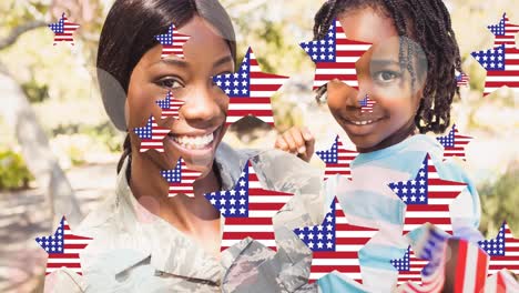 animación de un soldado con un niño sonriendo y estrellas coloreadas con la bandera estadounidense