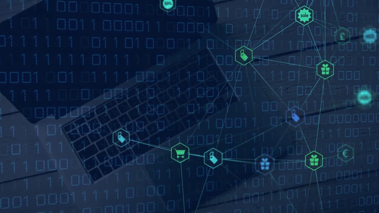 Animation of connected icons and looping binary codes, overhead view of laptop on wooden table