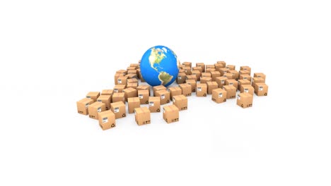 Animation-of-globe-and-multiple-cardboard-boxes-moving-on-white-background