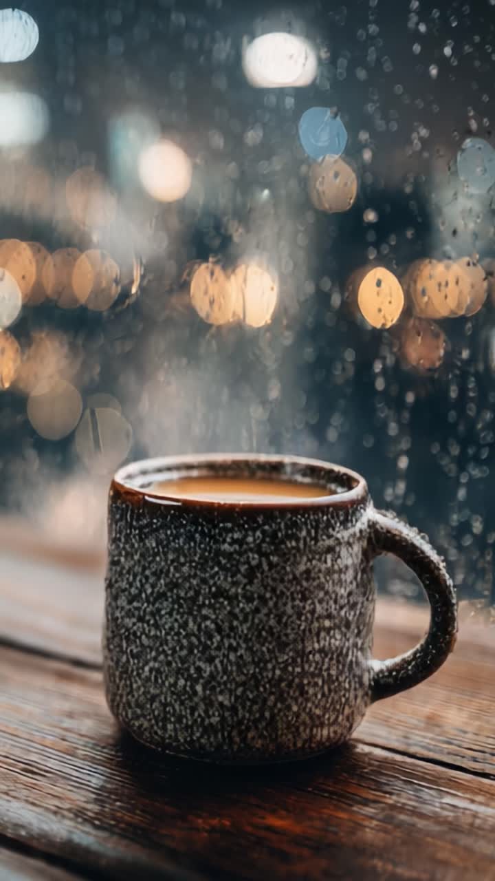 Una tazza di caldo comfort: accogli il freddo mentre la pioggia cade su una finestra, creando l'atmosfera perfetta per un momento di relax con una tazza di caffè
