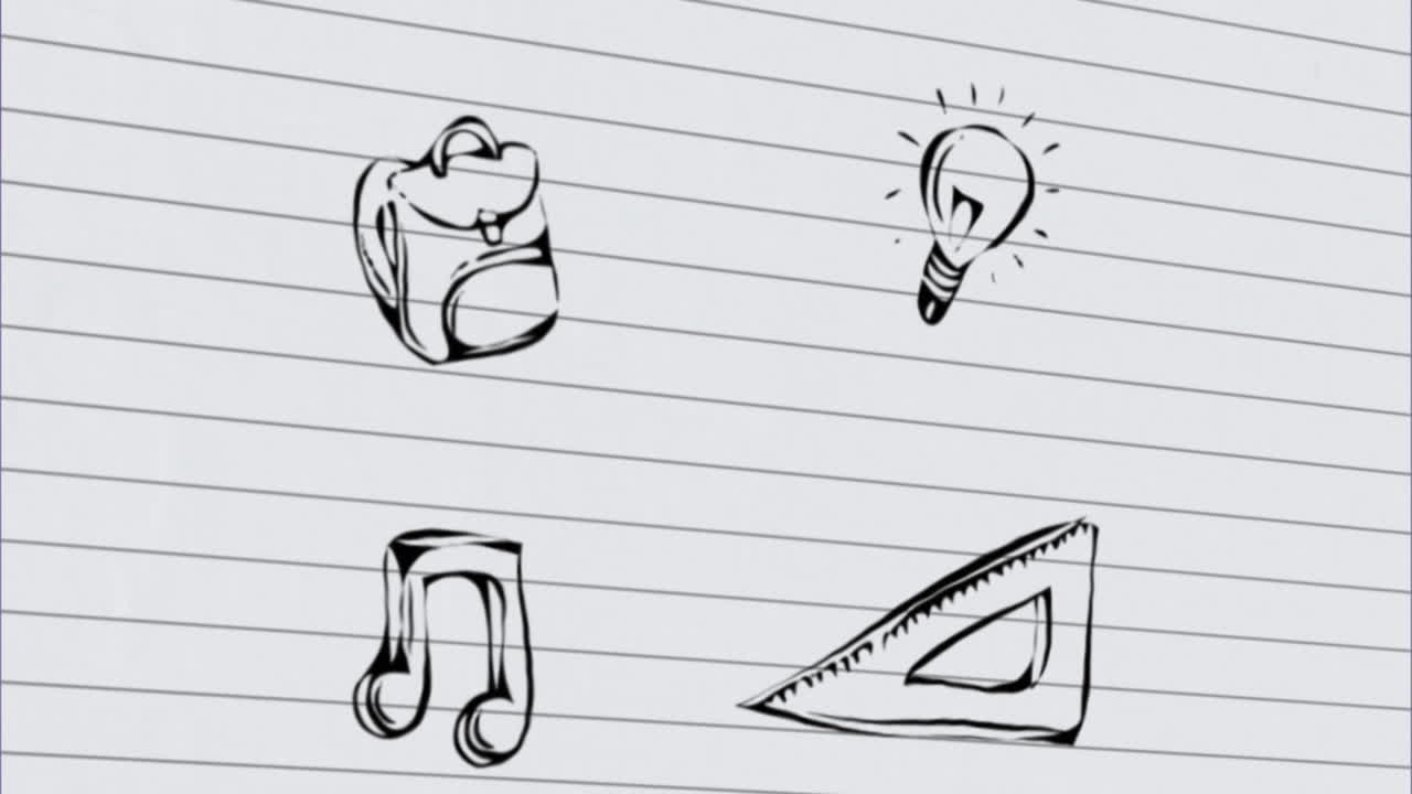 Animation of education icons over white ruled paper