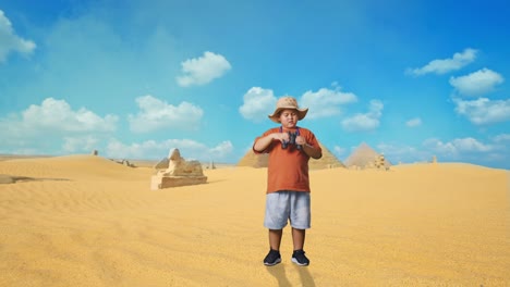 asian boy with a hat wipes his sweaty face after looking through the binoculars. boy researcher examines something while traveling in giza pyramid, travel tourism adventure concept, full body