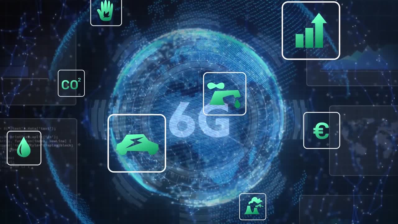 Animation of 6g text and data processing over globe