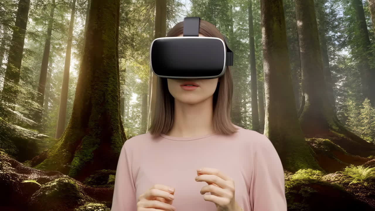 Woman Experiencing Virtual Reality in a Forest Setting