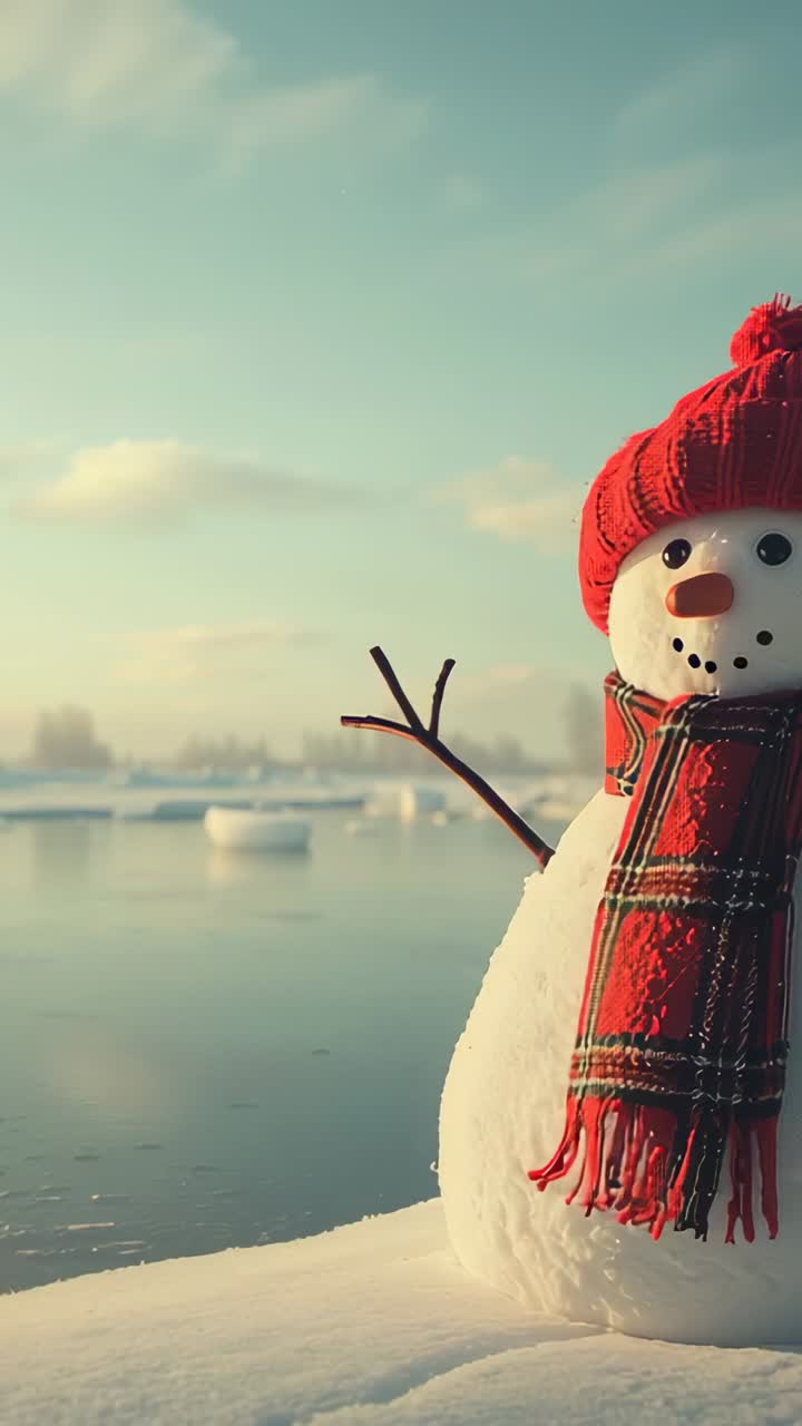 Vertical video: Panning cam right, revealing snowman on snowy bank with red hat, scarf, copy space