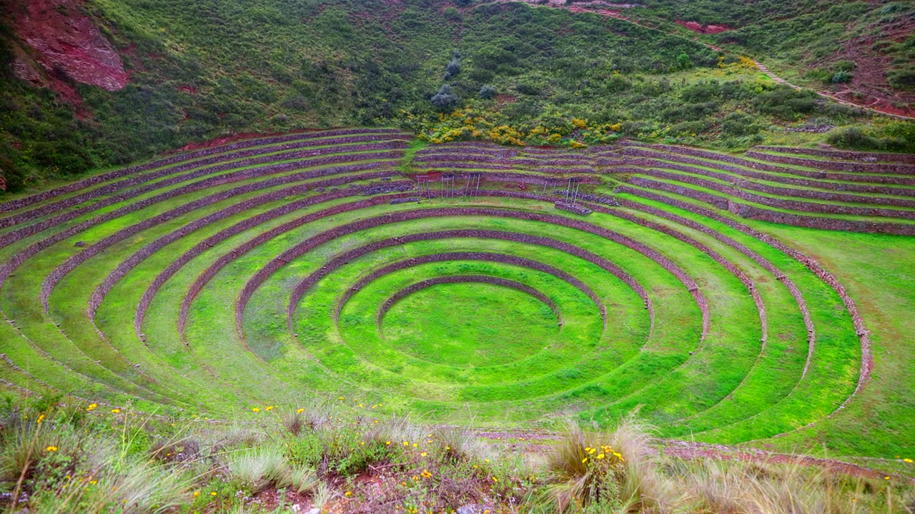 Overhead establishing overview of concentric Inca terraces at Moray ruins in Peru, backdrop background with nobody
