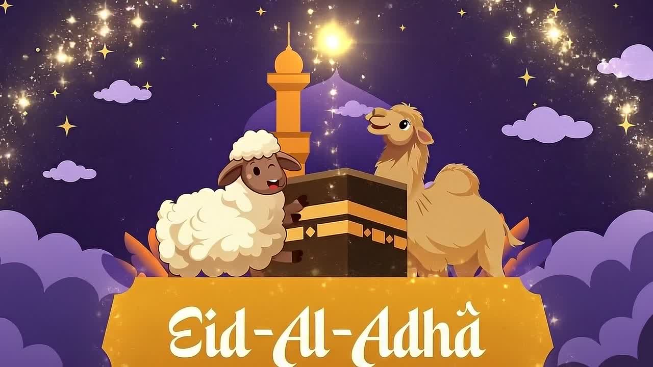 Biglietto banner animato di auguri per l'Eid al-Adha con Kaaba, cammello, pecora, luna crescente e sfondo notturno luminoso