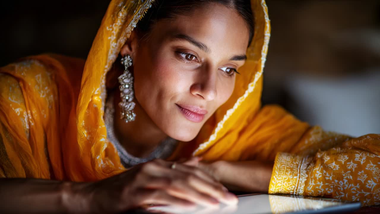 Una donna con uno scialle dorato decorato e intricato e delicati orecchini guarda intensamente un tablet, incarnando un momento di concentrazione ed eleganza in un ambiente caldo e delicatamente illuminato, adornato con texture ricche