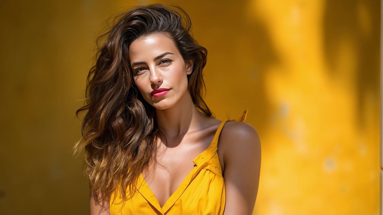 Hermosa mujer joven con un vestido amarillo sonriendo contra una pared de fondo amarillo brillante