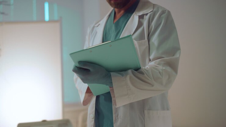 Portrait doctor hold clipboard taking notes in hospital intensive care unit.