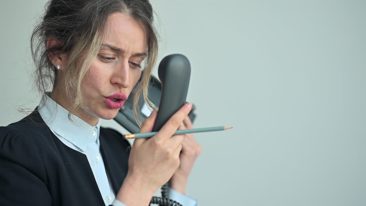 Angry businesswoman shouting into a telephone handset at work