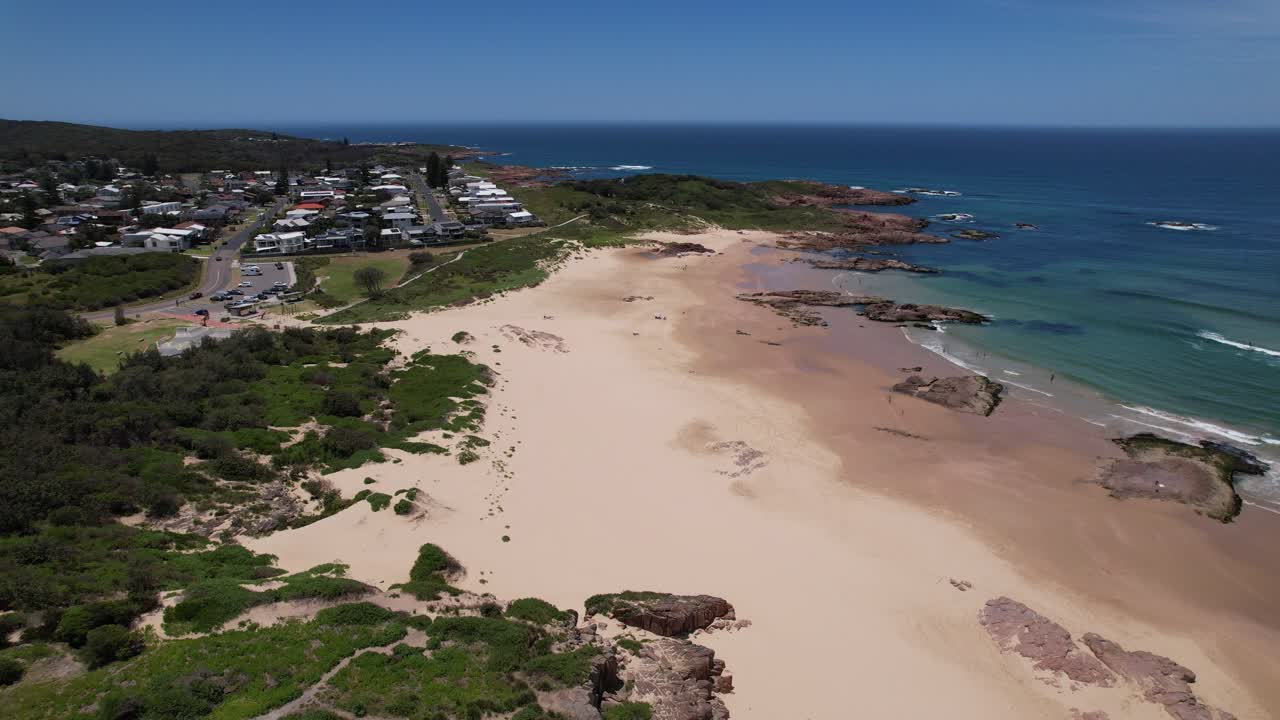 Rocky Shore Of Birubi Beach In Anna Bay, NSW, Australia - Aerial Shot