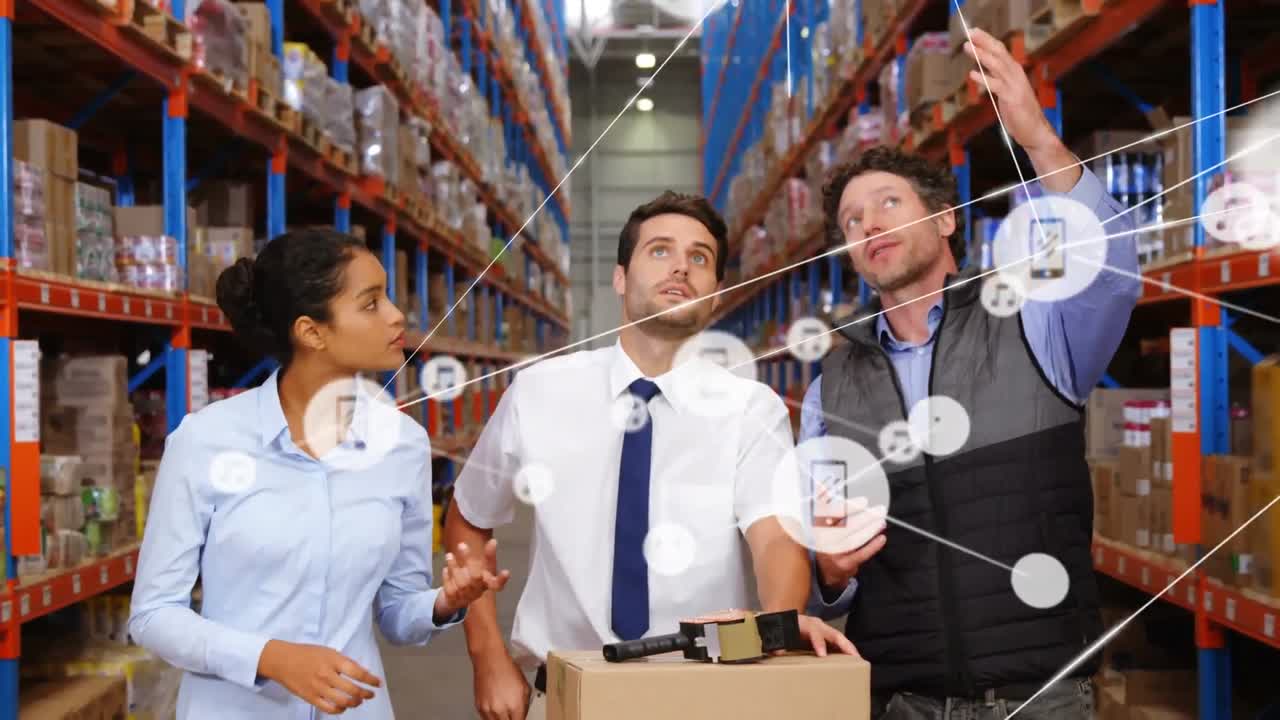 анимация сети связей между мужчинами и женщинами, работающими на складе