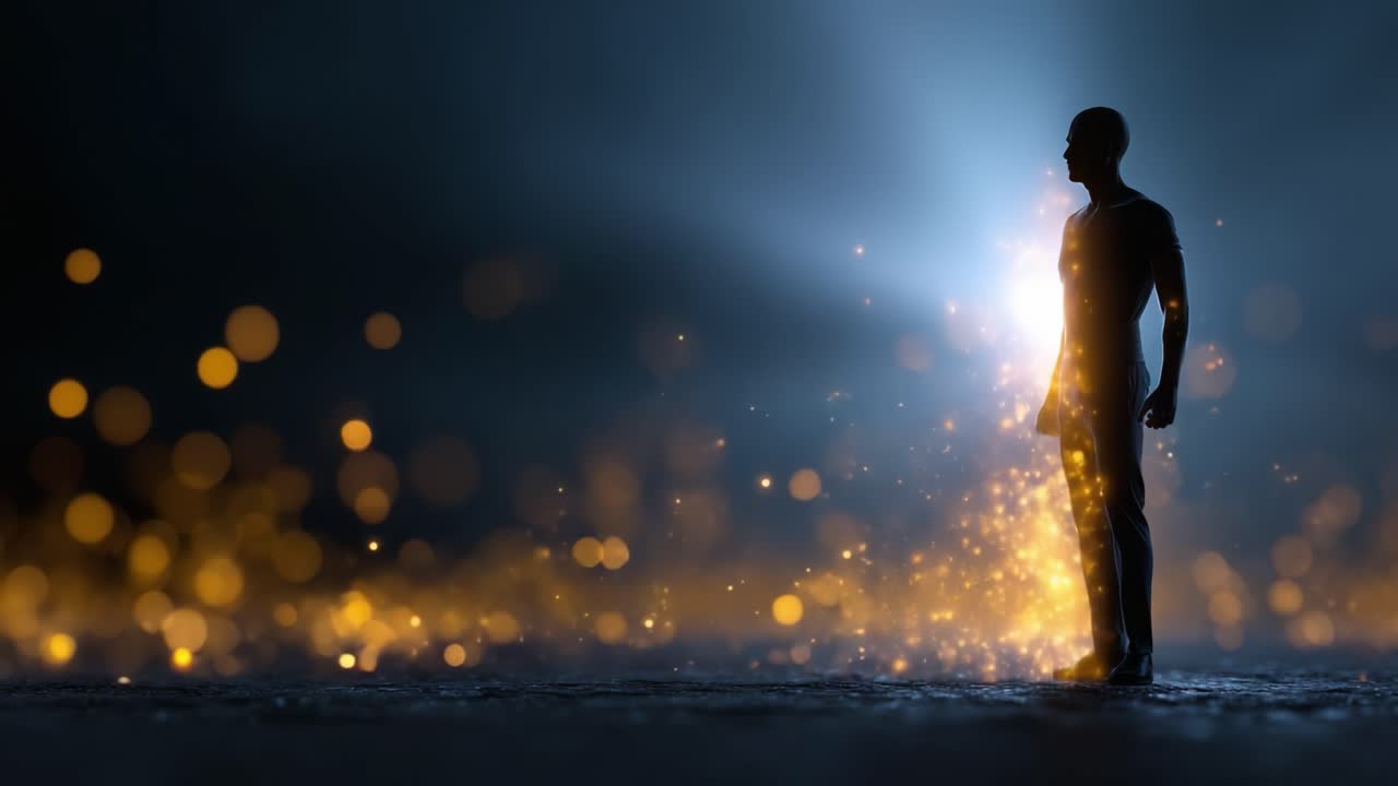 A Single Silhouette Emanating Light and Sparkles, Depicting a Journey of Transformation and Discovery, Captured in Ethereal Light Against a Dark Background