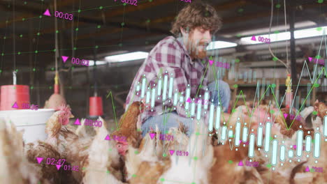 financial data and stock market animation over farmer tending to chickens in barn