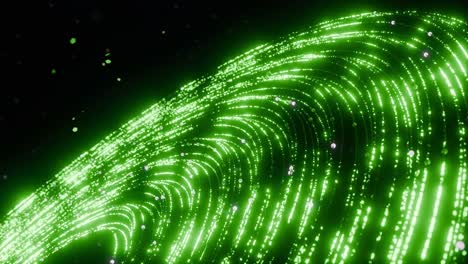 abstract wave of glowing green particles and light trails on black background. futuristic technology and data flow concept. design for poster, wallpaper, banner, vertical