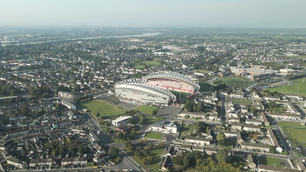 Limerick Cityscape And Thomond Park Stadium In The Irish Province of Munster, Ireland. Aerial Drone Shot