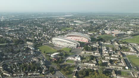 limerick cityscape and thomond park stadium in the irish province of munster, ireland. aerial drone shot