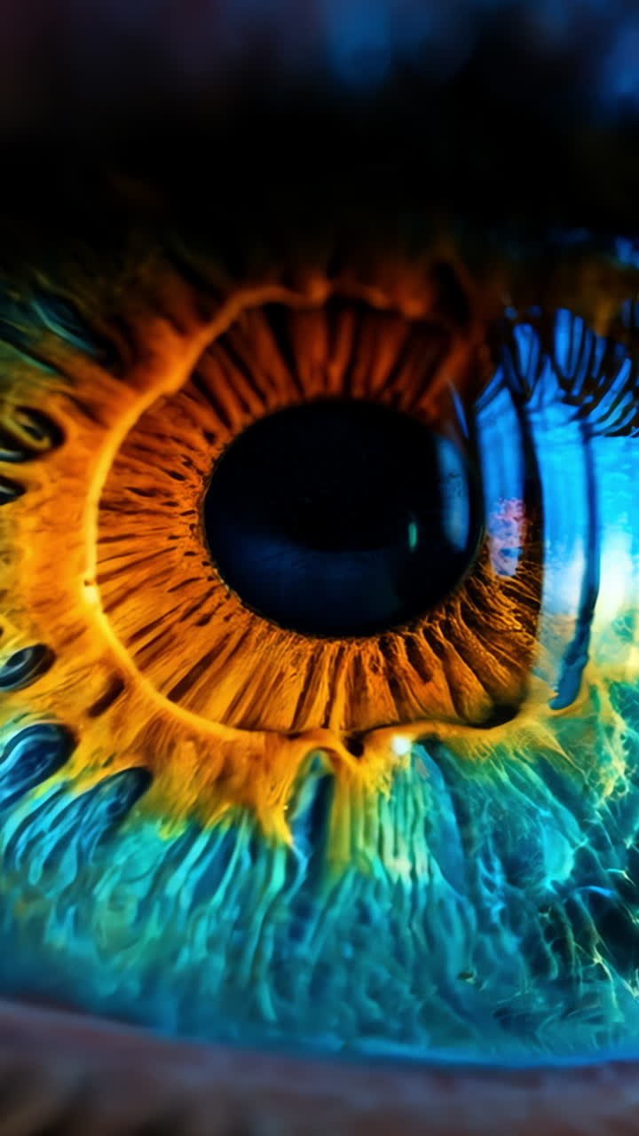 A close up of a person's eye with a blue iris and a yellow iris. The eye is surrounded by a blurry reflection of itself